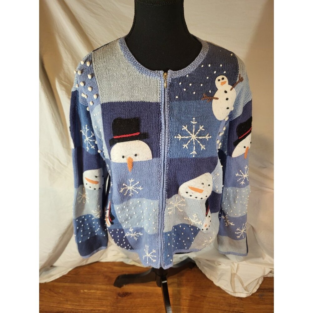 Womans Talbots Blue Linen Cotton Full Zip Snowman Sweater Size M Ugly Sweater